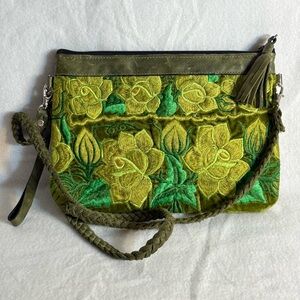 Boho Artisan Guatemalan Green Floral Clutch Shoulder Bag